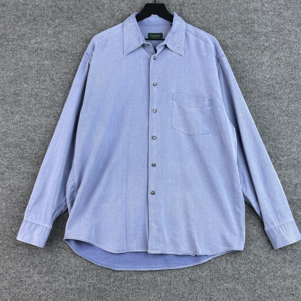 Canali Dress Shirt Mens 17.5 Blue Cotton Twill Button Front Italy Long Sleeve